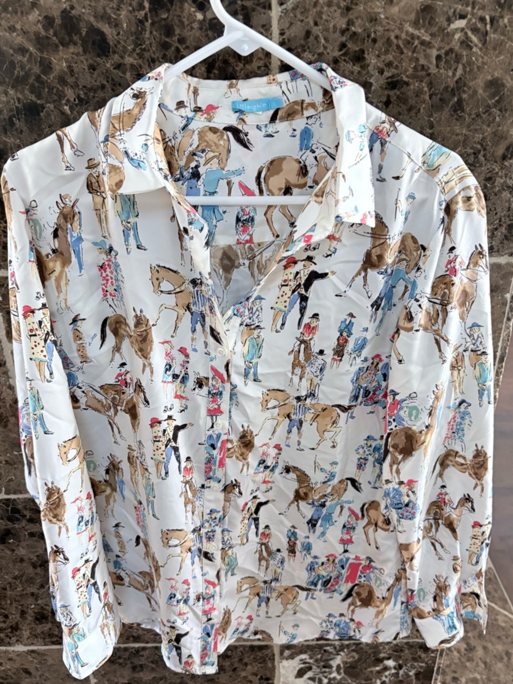 NWOT J. McLaughlin 100% Silk Horse Print Button-Up Shirt in Cream Size L